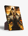 Personalized pet standing canvas featuring a dog's head on a mummy body with a pyramid and lava background.