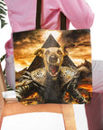 Personalized "The Mummy" tote bag with a custom pet portrait of a dog in ancient Egyptian armor.