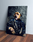 Custom pet canvas featuring a dog in a navy veteran uniform holding a rifle, leaning on a wall.