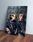 Personalized canvas featuring two dogs dressed as Navy veterans in blue camouflage with rifles.