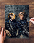 Personalized 2-pet puzzle featuring dogs in navy veteran uniforms, on a wooden background.