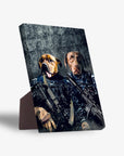 Personalized 2-pet standing canvas featuring dogs in navy veteran uniforms with rifles.
