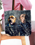 Personalized tote bag with two pet dog portraits in Navy veteran uniforms.