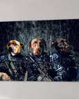 Personalized canvas featuring three pets dressed as navy veterans in blue camouflage, holding rifles.
