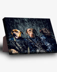 Personalized standing canvas featuring three dogs in navy veteran uniforms with rifles.
