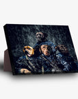 Personalized canvas featuring four dogs in navy veteran uniforms with rifles, on a sturdy stand.