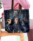 Personalized 'Navy Veterans' tote bag with four custom pet portraits of dogs in military uniforms.