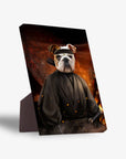 Personalized pet standing canvas featuring a bulldog in a black ninja costume with a katana, against a fiery backdrop.