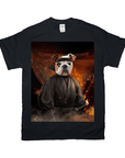 Black Gildan t-shirt featuring a bulldog in a ninja costume with a katana, set against a fiery background.