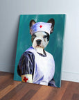 Personalized pet canvas featuring a French Bulldog dressed as a nurse in a white uniform and cap.