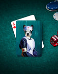 Personalized playing card featuring a French Bulldog in a nurse uniform, on a green poker table with chips and dice.