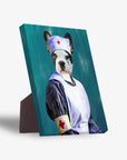 Personalized pet standing canvas featuring a Boston Terrier in a white nurse uniform with red crosses, on a teal background.