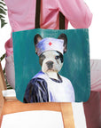 Personalized tote bag with a custom pet portrait of a French Bulldog dressed as a nurse.