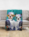 Custom personalized pet portrait blanket with two dogs dressed as nurses.