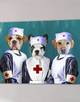 Custom canvas with three pets dressed as nurses in white and navy uniforms against a teal background.