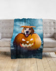 Personalized pet blanket with a dog in a pumpkin, Halloween theme.
