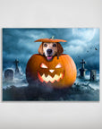Personalized "Pawmpkin" pet poster featuring a happy dog in a glowing Halloween pumpkin in a spooky graveyard.