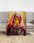 Personalized pet blanket featuring a dog in a "Persian Princess" renaissance-style portrait.