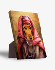 Personalized pet standing canvas featuring a dachshund in a red Persian Princess costume with jewelry, on a gold background.