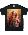 Black Gildan t-shirt featuring a personalized portrait of a dachshund dressed as a Persian princess.