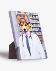 Personalized pet standing canvas featuring a corgi in a white pharmacist coat with a stethoscope, against a pharmacy shelf background.