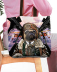 Personalized tote bag with a pug pet portrait as a pilot in a cockpit.