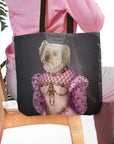 Personalized black tote bag with a custom royal renaissance portrait of a white dog in a pink gown.