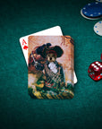 Personalized playing cards featuring a dog's portrait as a pirate on a vintage map background.