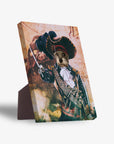 Personalized pet standing canvas featuring a dog's head on a pirate captain's body with a sword.