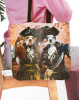 Personalized 'The Pirates' tote bag with two bulldog pet portraits in pirate costumes.