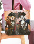 Personalized 3-pet pirate portrait tote bag with bulldog and pug in renaissance costumes.