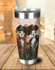 Personalized stainless steel tumbler with three dogs dressed as pirates on a vintage map background.