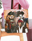 Personalized 'The Pirates' tote bag featuring four custom pet portraits dressed as pirates.