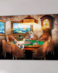 Personalized canvas print of two pets, a golden retriever and a French bulldog, playing poker at a green table.