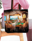 Personalized 2-pet tote bag with dogs in a "Poker Players" renaissance portrait style.