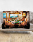 Personalized 4-pet watercolor portrait blanket featuring dogs playing poker in a renaissance style.