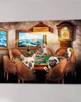Personalized canvas print showing four dogs playing poker around a green table with brown chairs.