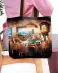 Personalized 5 pet poker players tote bag with custom dog portraits in a renaissance style.