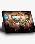 Personalized standing canvas featuring six pets as poker players in a classic art style.