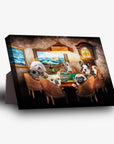 Personalized 7-pet 'Poker Players' standing canvas art featuring dogs playing poker in a rustic room.