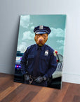 Custom canvas featuring a pit bull's head on a police officer's body in a blue uniform, standing by a patrol car.