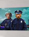 Personalized canvas art featuring two dogs dressed as police officers in a city scene.
