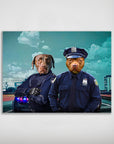 Personalized matte poster featuring two pets as police officers in blue uniforms, with a patrol car.