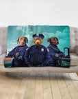Personalized 3-pet blanket with dogs in police officer portraits against a city background.