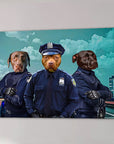 Custom canvas of three dogs in blue police officer uniforms with a city skyline background.