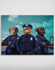 Personalized 'Police Officers' 3 pet poster featuring dogs in blue uniforms against a city skyline.