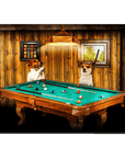 Two dogs playing pool on a personalized standing canvas, featuring a green table and wood-paneled room.