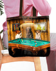 Personalized 3-pet tote bag with dogs playing pool in a wood-paneled room.