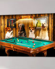 Four personalized pets, including dogs, playing pool on a green felt table in a rustic, wood-paneled room.