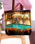 Personalized 4-pet tote bag with dogs playing pool in a custom renaissance portrait style.